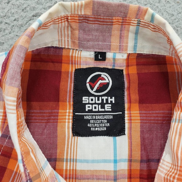 South Pole Shirt Mens Large Orange Button Up Short Sleeve Casual Plaid Pockets‎ - Picture 4 of 13